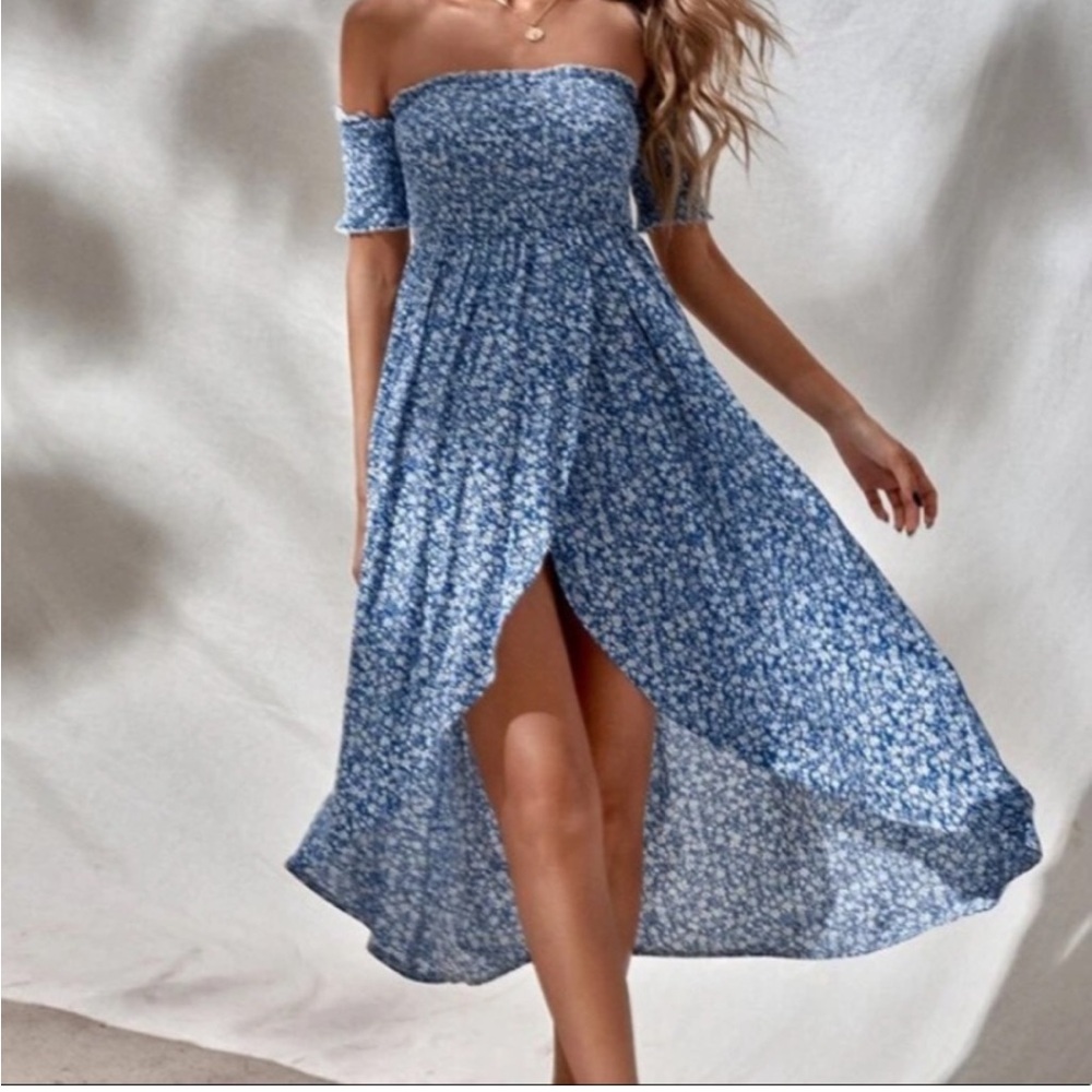 SHEIN Blue Floral Off Shoulder Midi Dress Wrap Short Sleeve A Line Dress, S